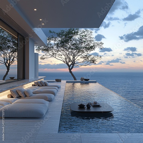 The image is described and has keywords as follows: Luxury villa with infinity pool and a view of the ocean at sunset