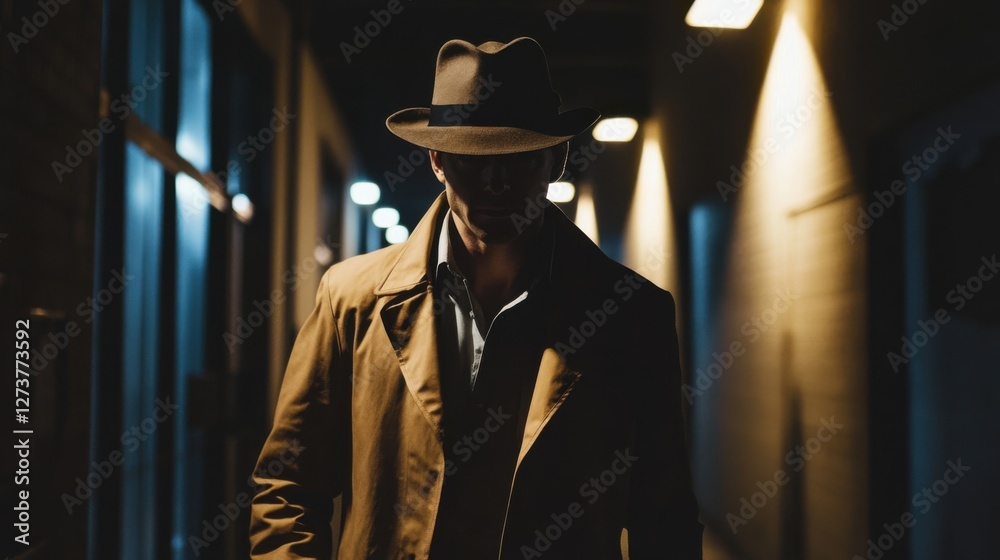 A detective walking through a dark, deserted street at night with a flashlight. Featuring investigation and solitude A detective walking through a dark, deserted street at night with a flashlight. Featuring investigation and solitude