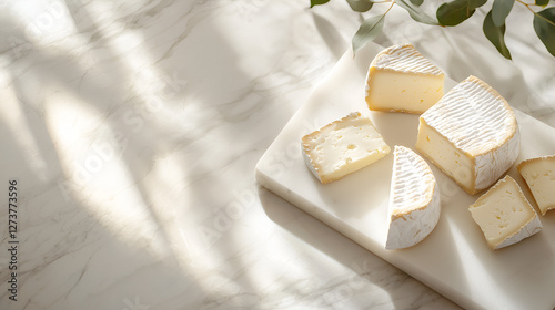 Creamy cheese assortment on marble board with a garnish of fresh eucalyptus leaves, bathed in sunlight.