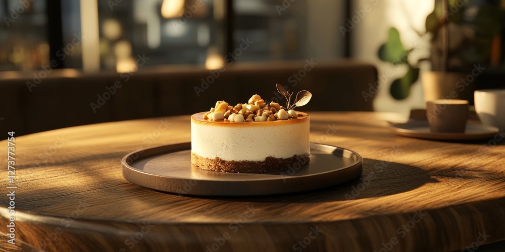 Cheesecake with Macadamia Nut Topping on Stylish Wooden Table Cheesecake with Macadamia Nut Topping on Stylish Wooden Table