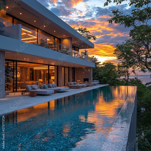 This image depicts a luxury villa complete with an infinity pool and lounge area, all overlooking a breathtaking sunset
