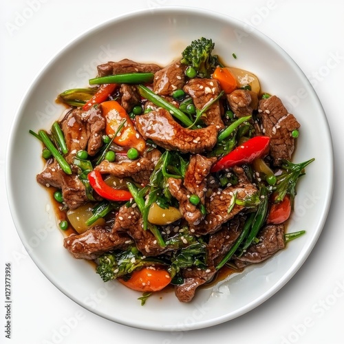 Delicious Beef Stir-Fry with Colorful Vegetables in a Rich Sauce, Sprinkled with Sesame Seeds, Served on a White Plate photo