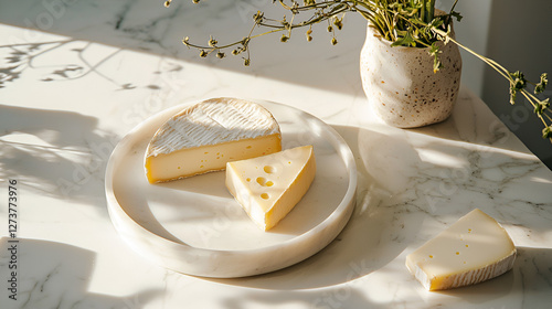 Still life with cheese: creamy and delicious, served on a marble plate in a sun-drenched setting.