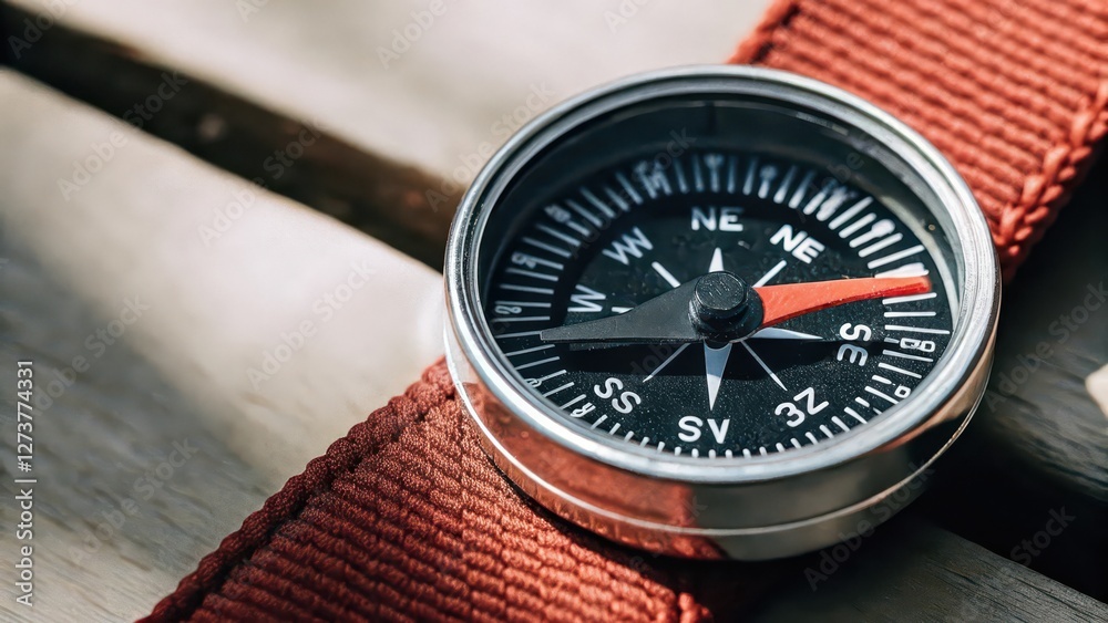 Fototapeta premium Compass on Red Strap, White Background