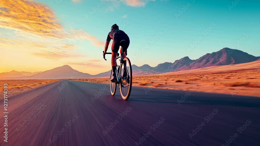Cyclist riding fast on a desert road at sunset