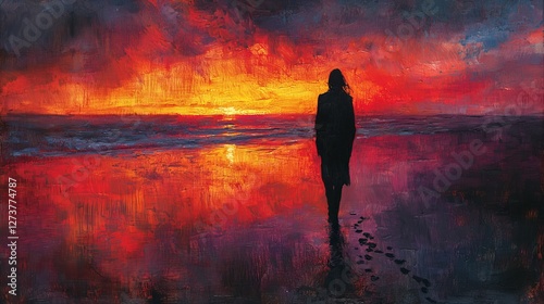 The scene depicted in your image is of a solitary figure walking on the beach at sunset, leaving behind footprints in the sand as vibrant colors are reflected in the wet sand