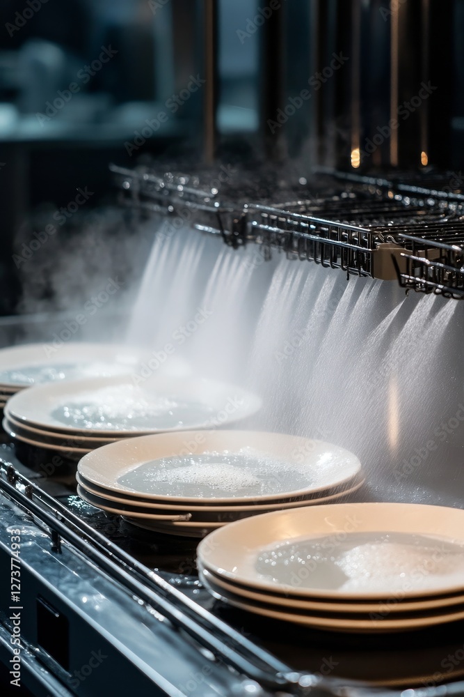 Fototapeta premium Dishwasher cleans plates and steam rises.