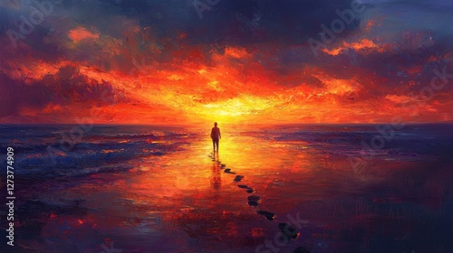 A description of your image is a person walking alone on a beach during sunset, making footprints in the sand with the wet sand reflecting vibrant colors