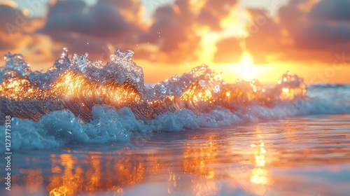 A golden sunset wave is washing ashore in this stock photo