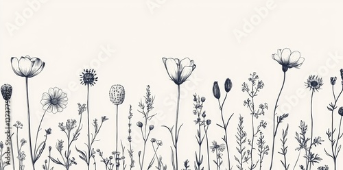 Luxury botanical background adorned with trendy wildflowers and minimalist flowers, perfect for wall decoration or wedding