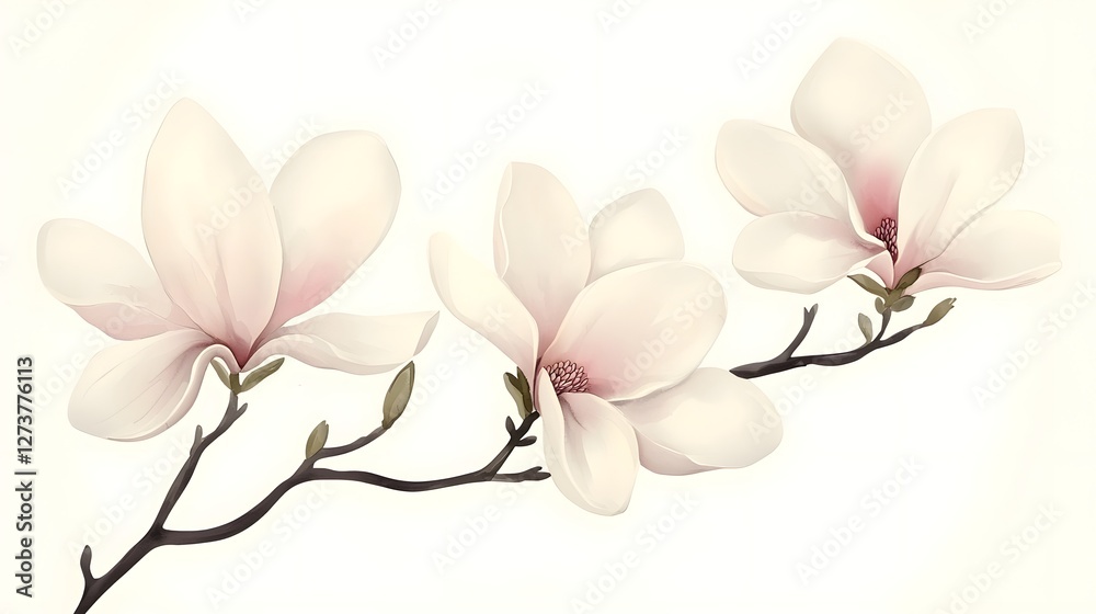 Obraz premium Stunning white magnolia flowers in a minimalist watercolor style painting with large soft petals in shades of white and hints of blush pink set against a clean white backdrop