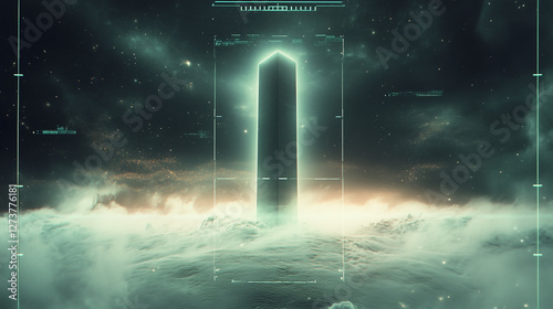 Spaceship HUD, Holographic Data Readout, Alien Artefact Scan, Monoith, AI Generated
