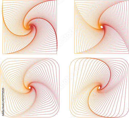 Abstract spiral patterns, mathematical art, line geometry, swirling vortex, orange and red gradients, symmetrical quadrants minimalist design
