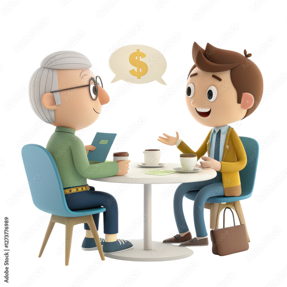 Obraz premium 3D of Elderly businessman in glasses and suit sitting at table discussing business matters with younger colleague wearing suit while drinking coffee concept of business experience sharing