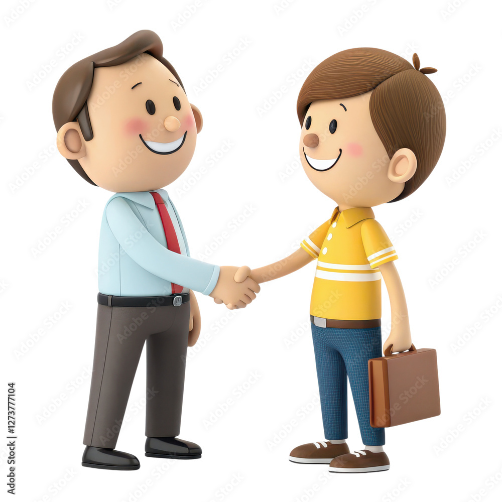 3D of Two friendly cartoon characters one in a business suit and one in casual clothes shaking hands in a gesture of agreement partnership or successful deal Concept of professional success 3D of Two friendly cartoon characters one in a business suit and one in casual clothes shaking hands in a gesture of agreement partnership or successful deal Concept of professional success