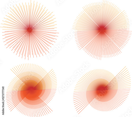 Abstract radial patterns, geometric sunbursts, gradient color transitions, orange and red hues, minimalist design,dynamic radial forms, digital illustration