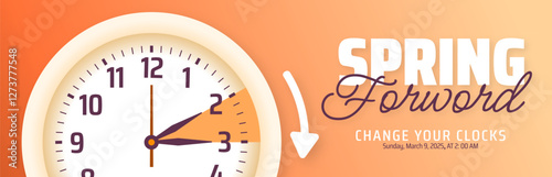 Spring Forward concept 2025 background or banner design. Daylight Saving Time Starts background and cartoon doodle style with clock design.