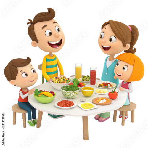 3D of A happy family including a mother father and two children sitting together at a dining table and enjoying a homemade meal made up of fresh fruits vegetables and other healthy ingredients