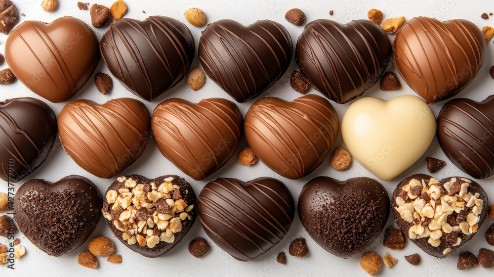 An enticing display of assorted chocolate heart-shaped treats featuring creamy fillings and nut toppings, perfect for gifts or special occasions