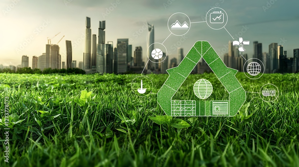 Conceptual of a sustainable green focused economy with clean energy icons carbon emission reduction symbols and a futuristic urban landscape This image represents the transition towards a low carbon
