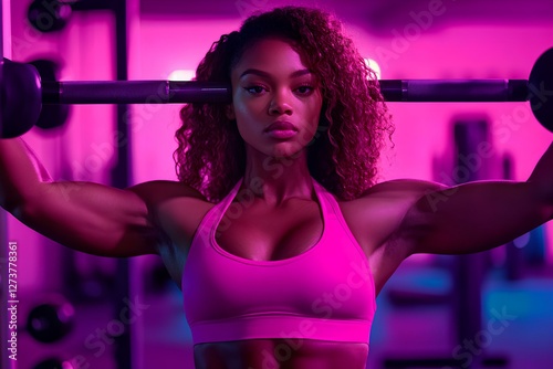 A determined woman with curly hair performs a weightlifting exercise in a gym featuring bright pink lights. She showcases strength and focus in her workout routine.