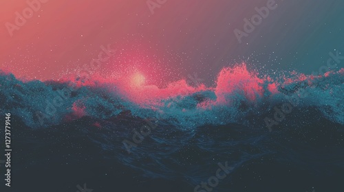 A futuristic visual is formed by swirling neon colors of blue, pink, and purple set against a vibrant abstract background