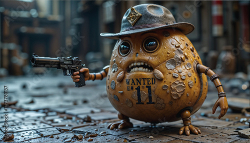 A highly detailed and realistic 3D-rendered anthropomorphic potato character in a dystopian, futuristic city setting. The potato has a rugged, textured surface with scars and cracks, wearing a worn-ou