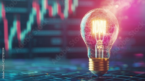 A shining lightbulb with resplendent, chromatic bursts of light and stock market graphics spreading outwards, embodying ingenuity and advancement against a hazy, polychromatic bokeh setting