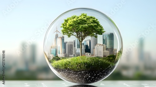 The futuristic concept of an eco friendly city with high rise skyscrapers renewable energy sources and a smart carbon emissions tracking system