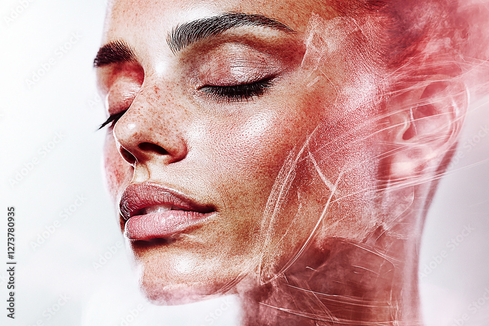 Close-up portrait of a serene woman with glowing skin, soft features, and artistic light effects Close-up portrait of a serene woman with glowing skin, soft features, and artistic light effects