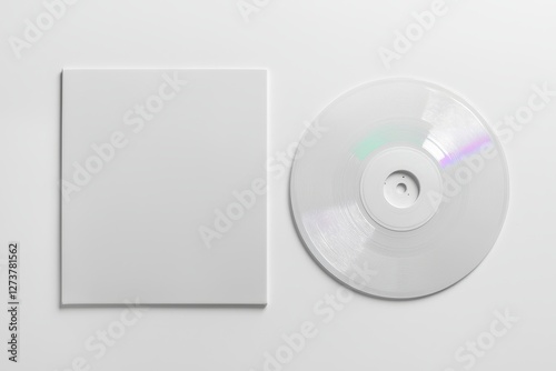 A 3D rendering of a CD disc and carton packaging cover template mock up, showcasing a digipak case of cardboard with a CD drive, includes a white blank area for branding design or text and is