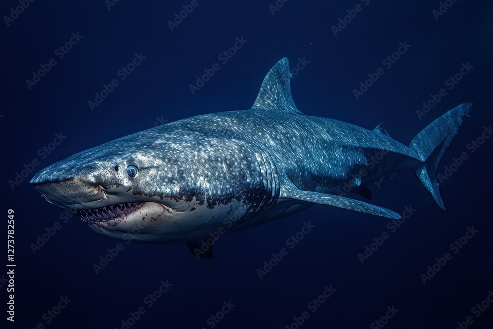 Naklejka premium Huge ragged tooth shark cruises in the dark blue ocean