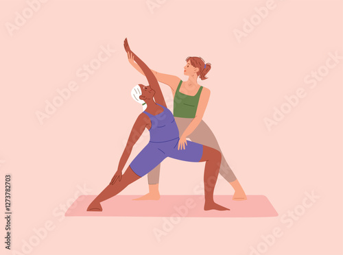 Senior AFRICAN AMERICAN WOMAN practicing YOGA with FEMALE INSTRUCTOR assisting. FITNESS training on MAT. HEALTH CARE, MOBILITY, STRETCHING. Flat VECTOR illustration on light background.