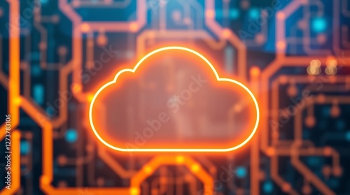Glowing Cloud Icon on a Blurred High-Tech Background Representing Cloud Computing and Digital Innovation