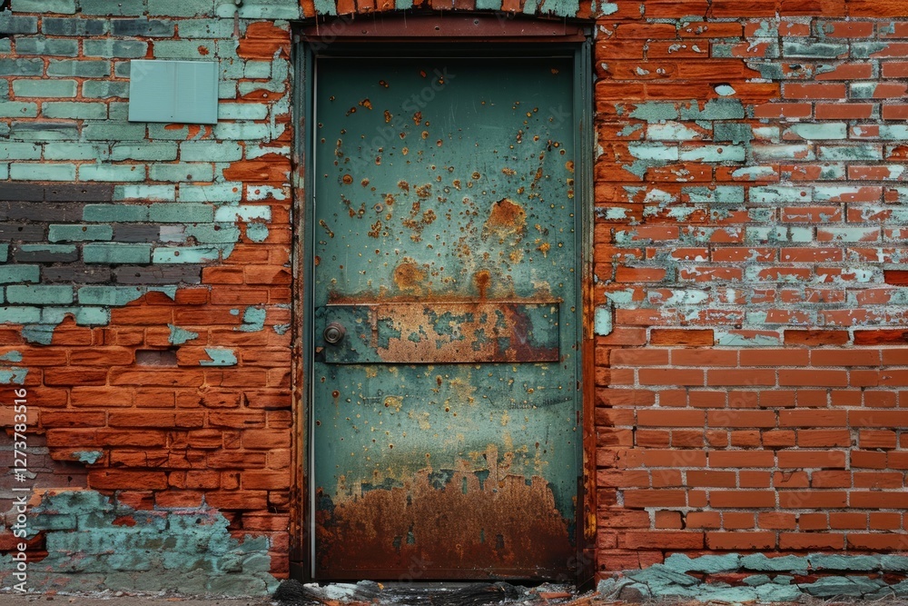 Naklejka premium Photo of Red brick wall with old rustic weathered door in european city. Texture for background usage