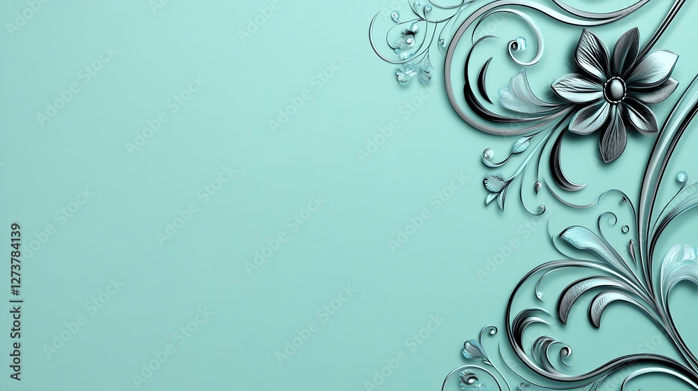Elegant Silver Floral Design On Aqua Background Elegant Silver Floral Design On Aqua Background