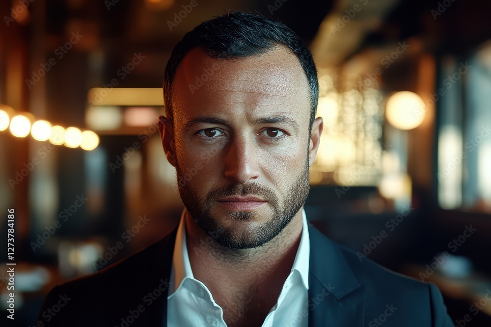 Fototapeta premium Confident Man in a Stylish Suit, Serious Portrait in a Blurred Restaurant Background