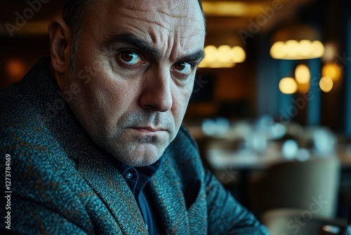 Serious Middle-Aged Man in Restaurant Setting