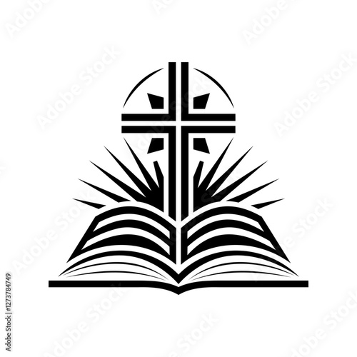 Religion icon. Simple black and white icon of christian cross standing on open bible. Vector illustration
