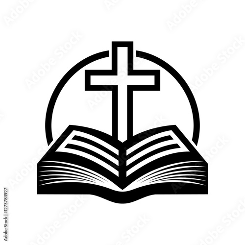 Religion icon. Simple black and white icon of christian cross standing on open bible. Vector illustration