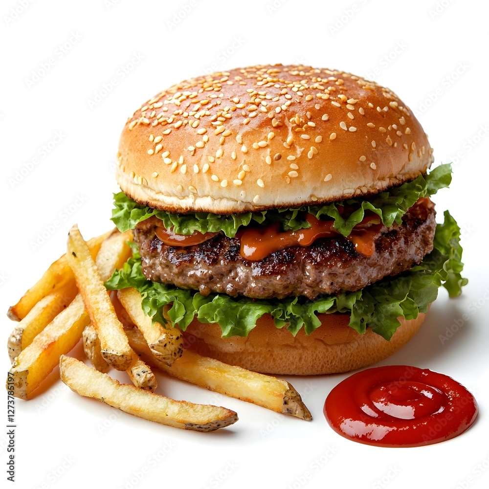 Burger with Fries and Ketchup in Side View with No Background Burger with Fries and Ketchup in Side View with No Background