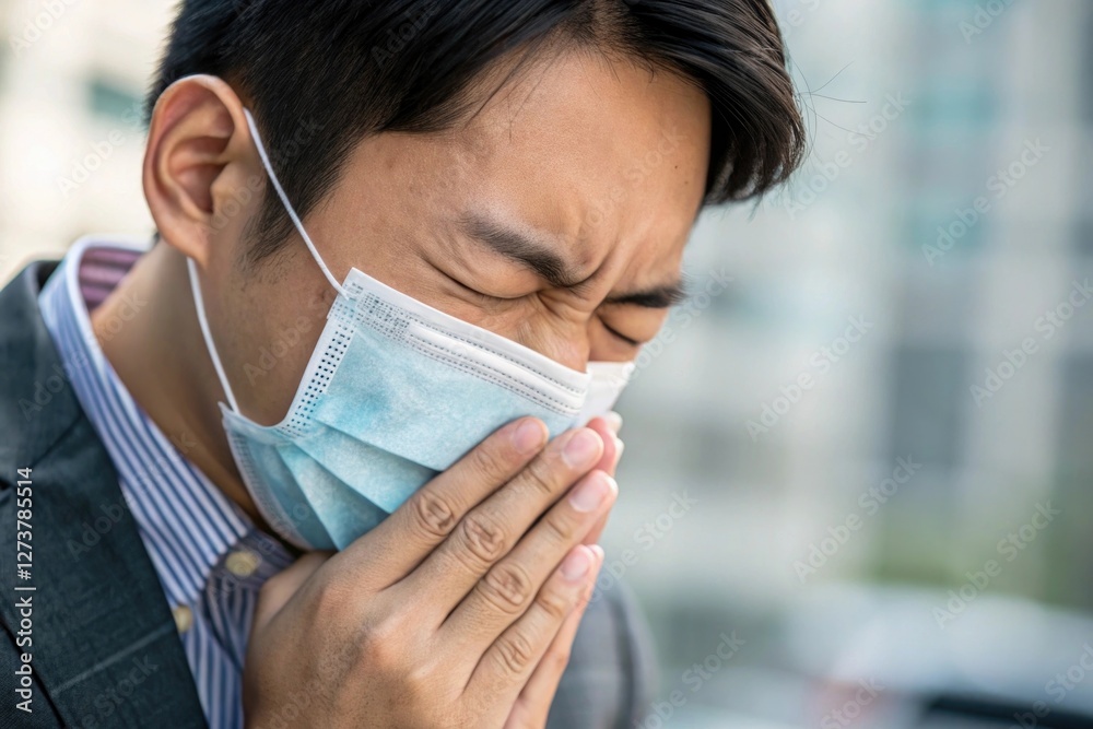 A man wearing a face mask expresses frustration and distress in an urban environment. A man wearing a face mask expresses frustration and distress in an urban environment.