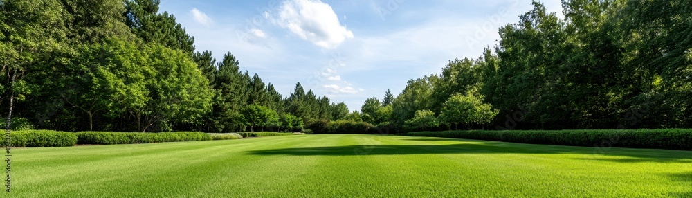 Expansive Green Lawn and Bordering Trees Under a Partly Cloudy Sky, Perfect for Outdoor Recreation and Relaxation Expansive Green Lawn and Bordering Trees Under a Partly Cloudy Sky, Perfect for Outdoor Recreation and Relaxation