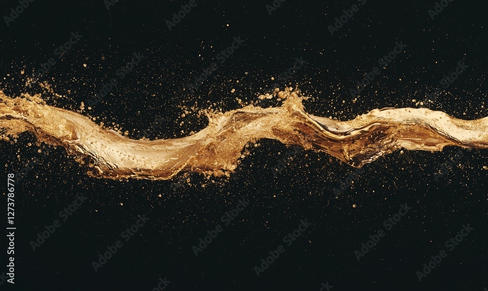 Fototapeta premium With its dynamic movement and shimmering highlights, a golden fluid splash creates a visual effect of elegance and luxury when viewed against a black background