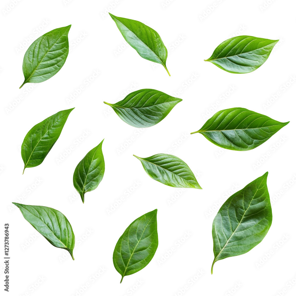 A collection of green leaves are scattered across a white background A collection of green leaves are scattered across a white background