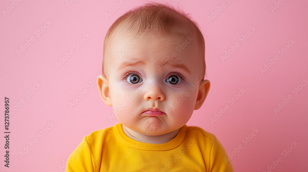 Portrait of a baby with a yellow shirt, showing a sad or confused expression against a soft pink background. This image portrays emotions of curiosity and innocence in infancy. Portrait of a baby with a yellow shirt, showing a sad or confused expression against a soft pink background. This image portrays emotions of curiosity and innocence in infancy.