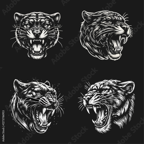 fierce roar growling panther head  Tattoo engraving design