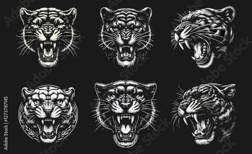 fierce roar growling panther head  Tattoo engraving design