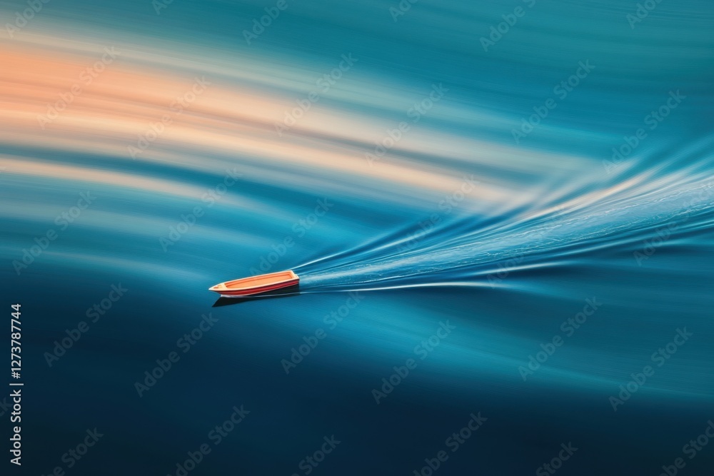 Fototapeta premium Speedboat gliding blue water creating dynamic waves at sunset