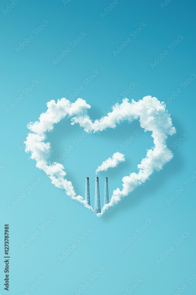 Naklejka premium A heart made of smoke and clouds with three tall smokestacks in the middle